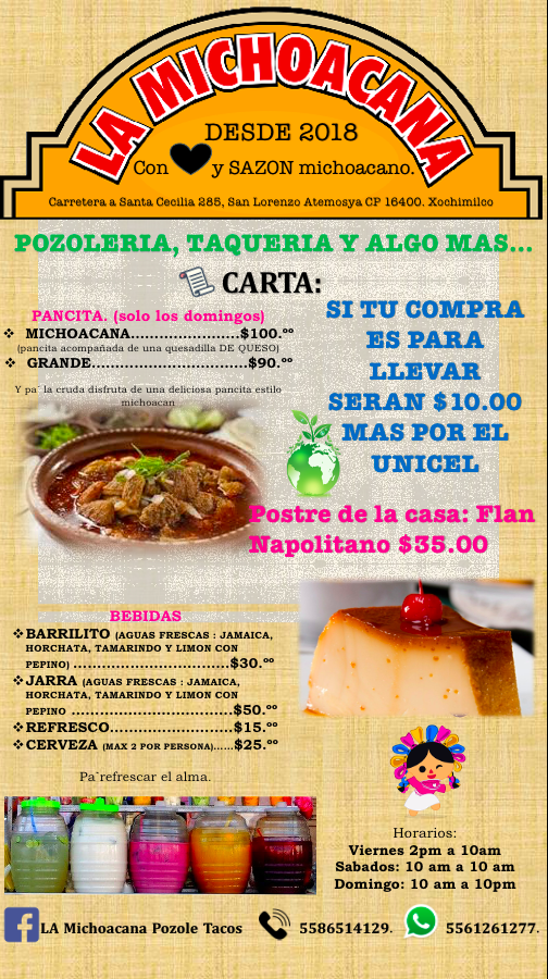Carta de POZOLERIA LA MICHOACANA  en San Lorenzo ATEMOAYA — página 1